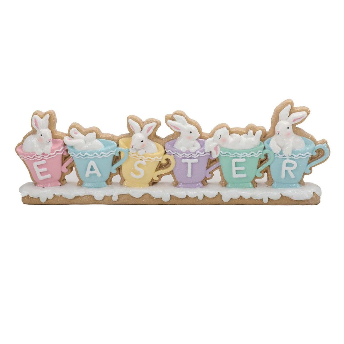 Easter Bunnies in Pastel Teacups Resin Mantel Plaque