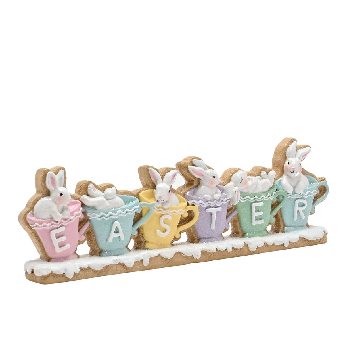 Easter Bunnies in Pastel Teacups Resin Mantel Plaque