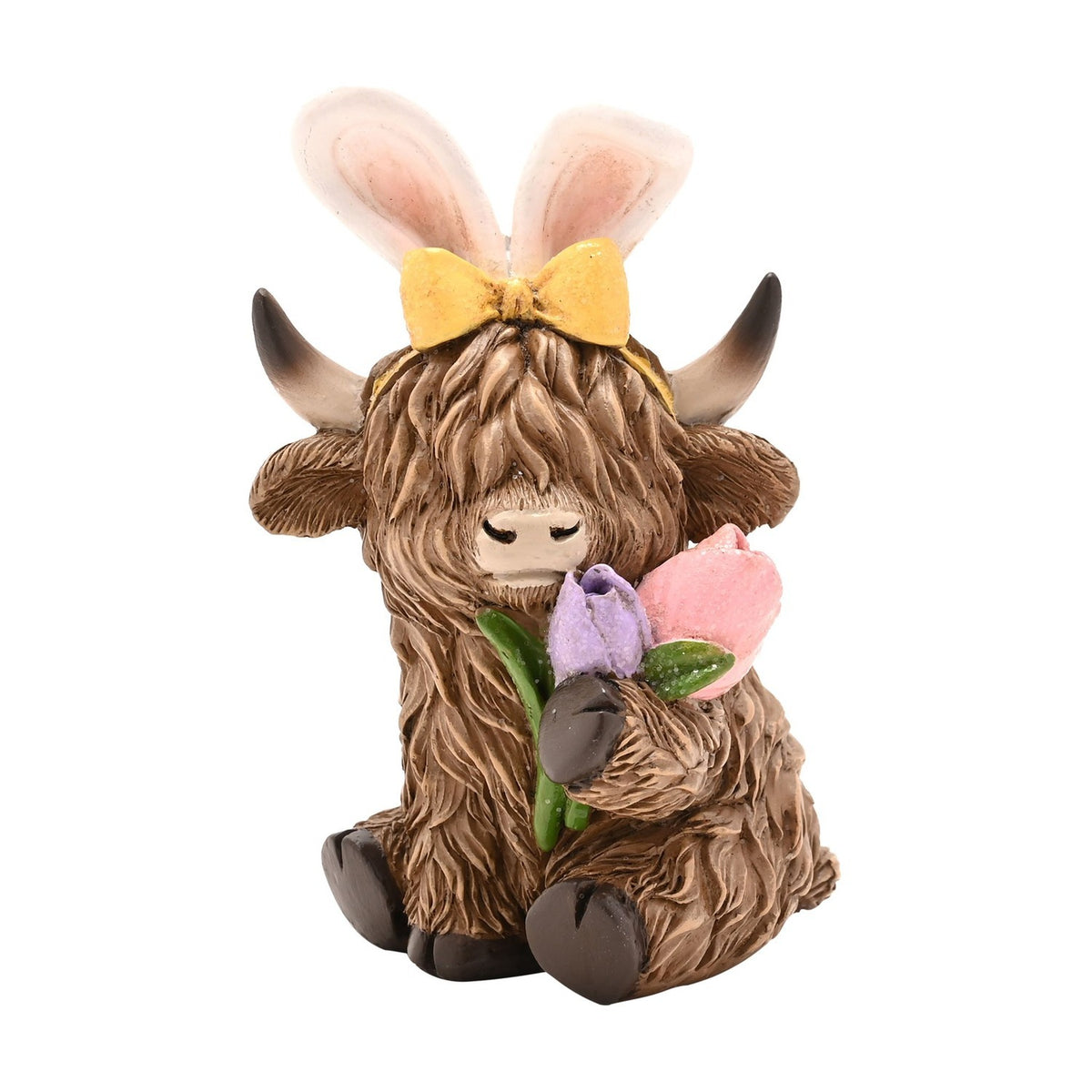 Sitting Highland Cow Easter Bunny resin decoration in brown, wearing white bunny ears with a yellow bow and holding lilac and pink tulips, shown on a plain white background.