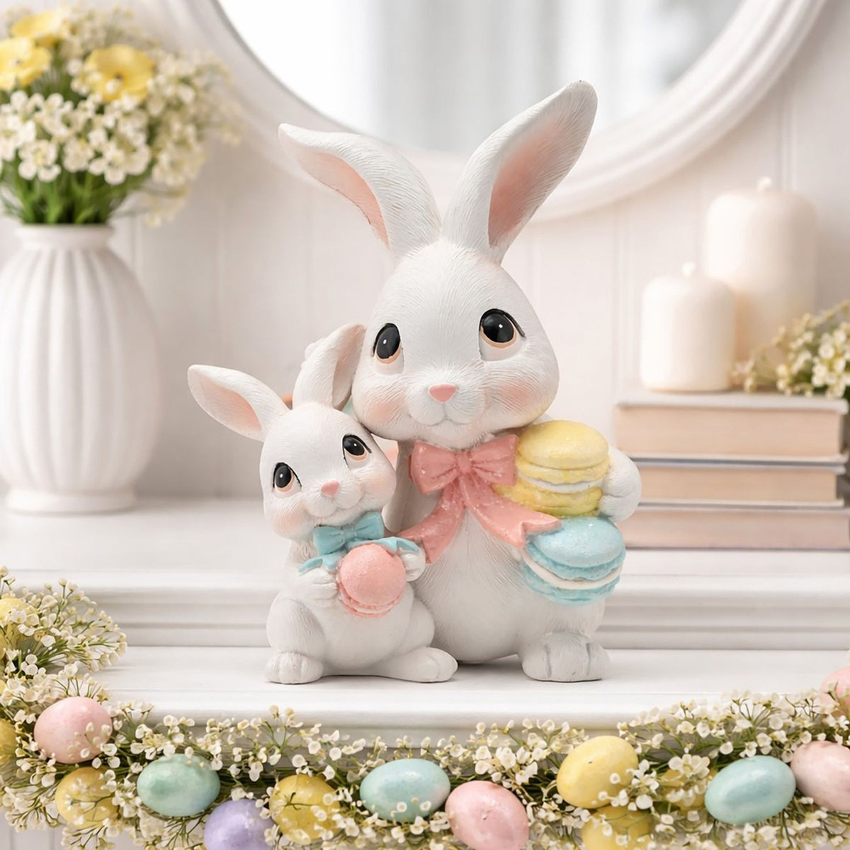 Easter Bunny Mum & Baby Macaron Resin Decoration - White