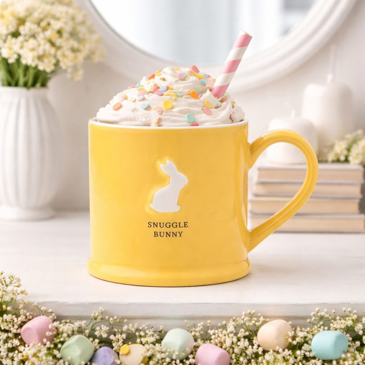 Snuggle Bunny Easter Embossed Ceramic Mug - Yellow & White