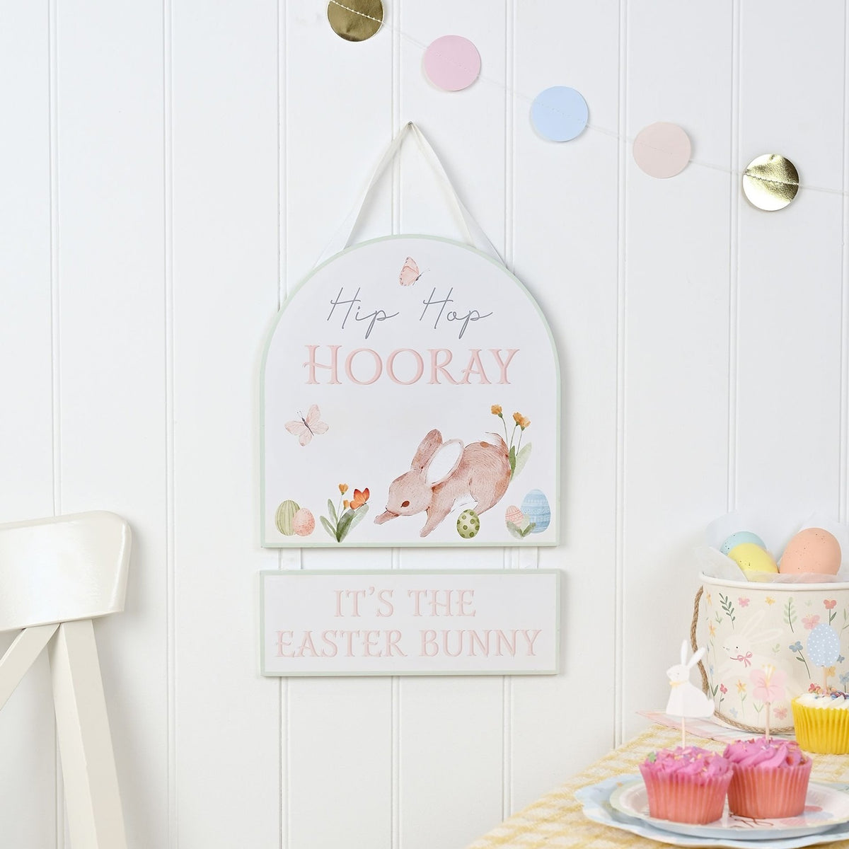 Hip Hop Hooray Easter Bunny Hanging Wooden Plaque - White