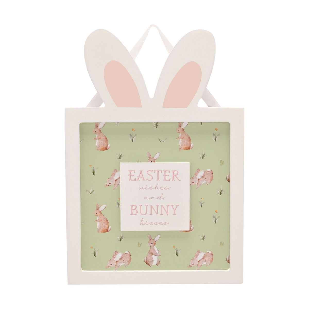 Easter Wishes Bunny Ears Hanging Wooden Plaque - Green & White