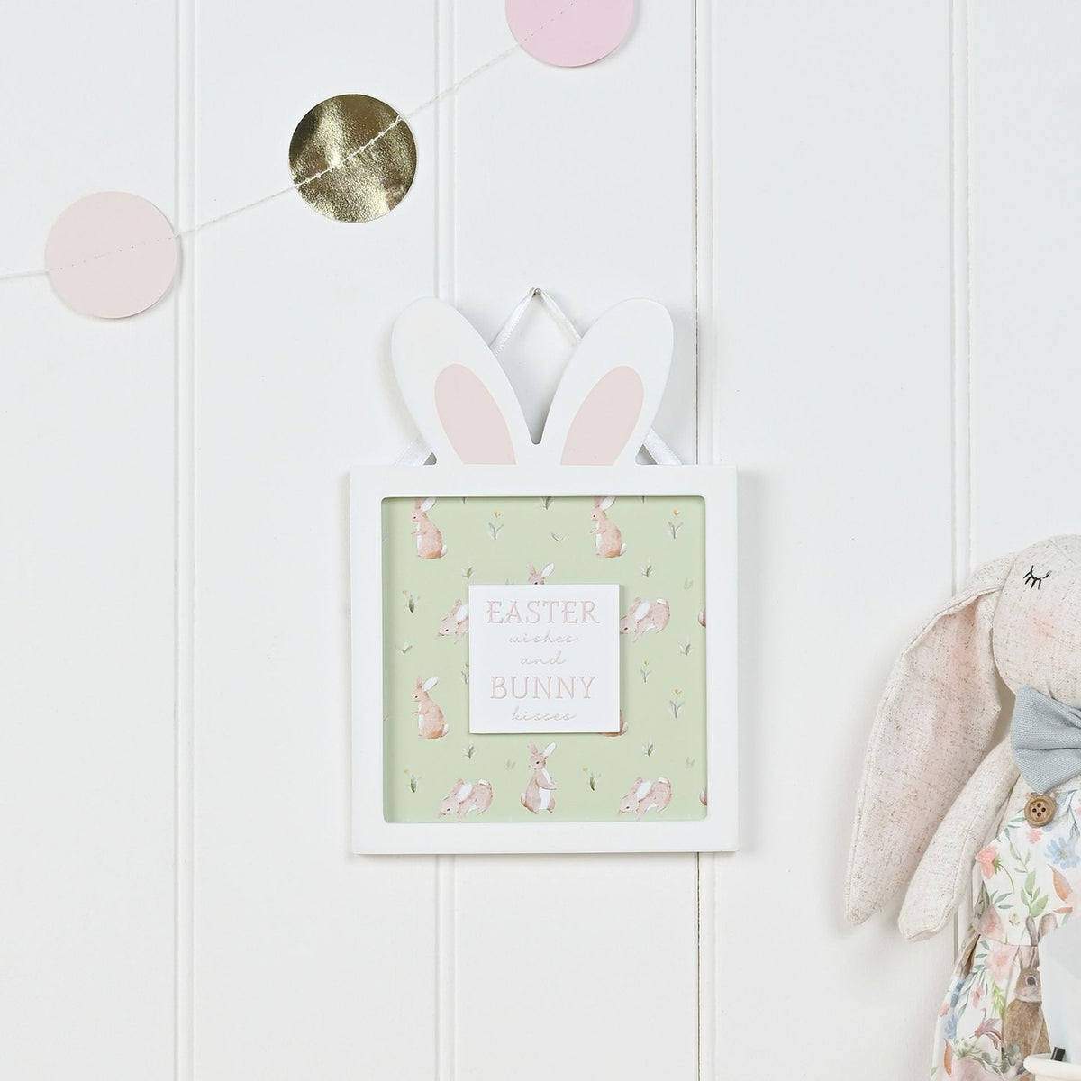 Easter Wishes Bunny Ears Hanging Wooden Plaque - Green & White