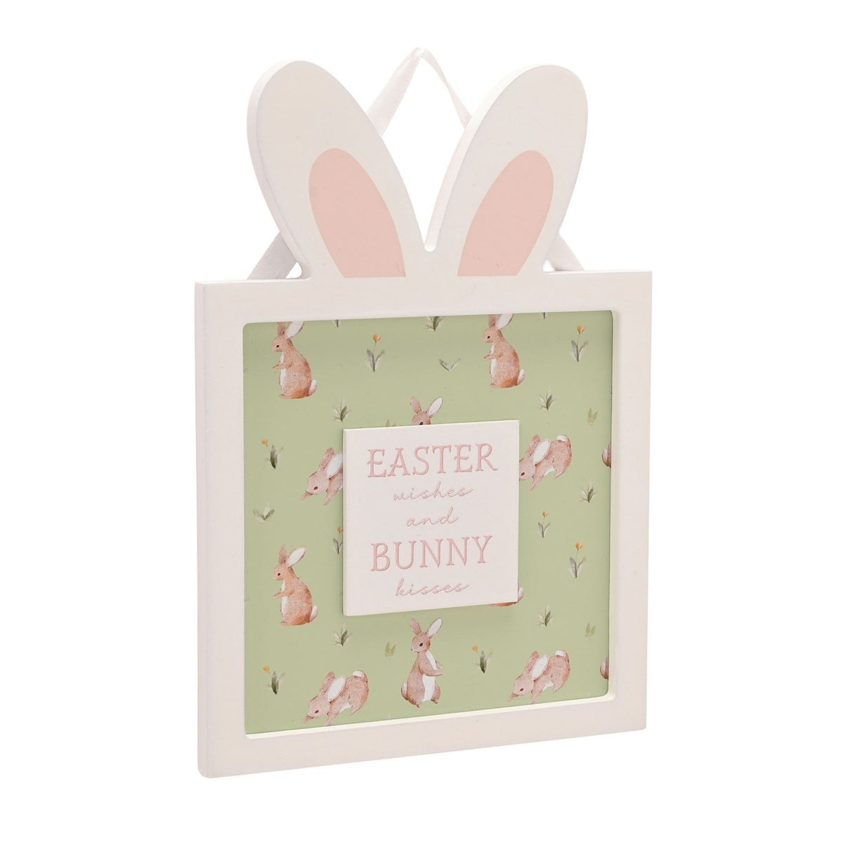 Easter Wishes Bunny Ears Hanging Wooden Plaque - Green & White