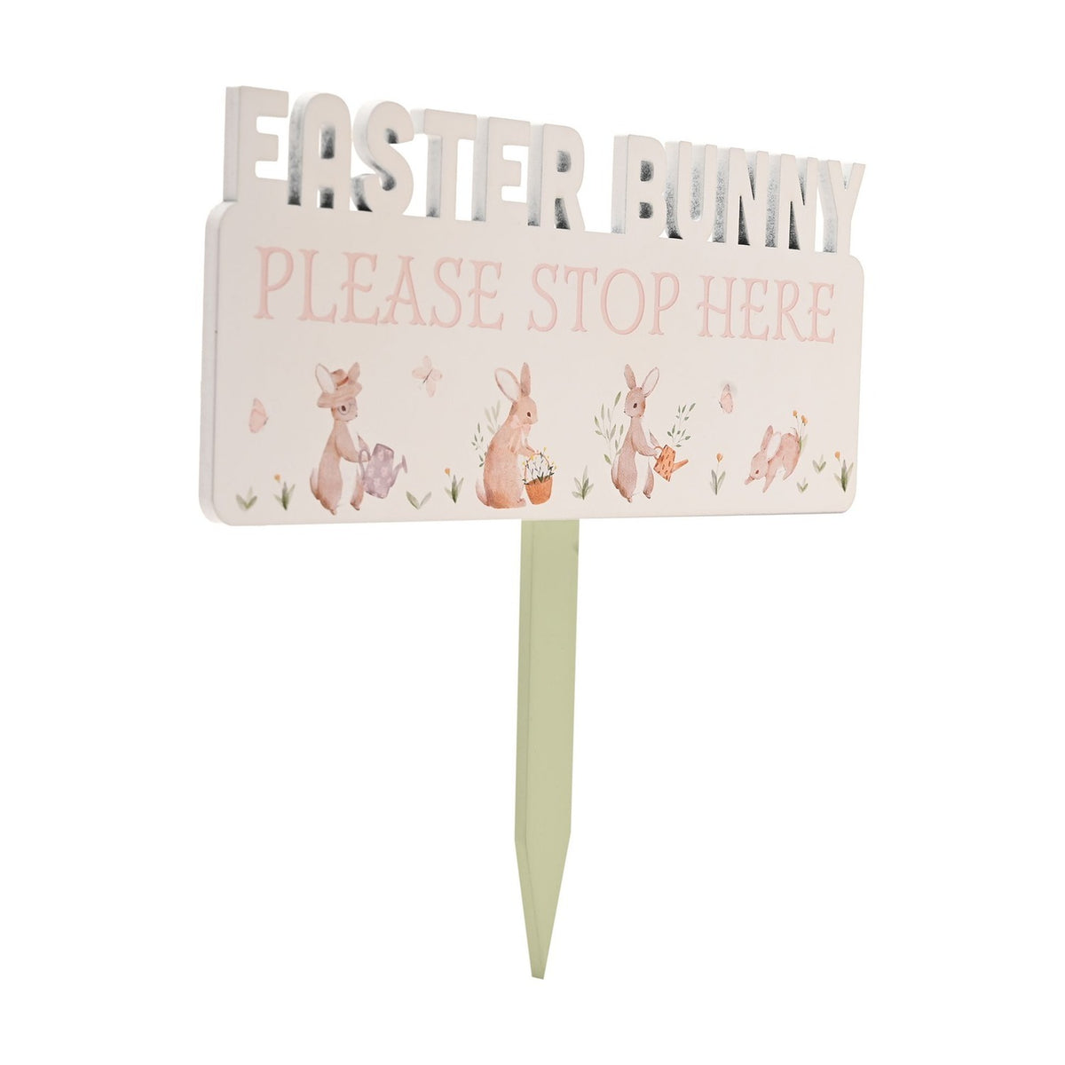 Easter Bunny Stop Here Wooden Plaque with Stake - White