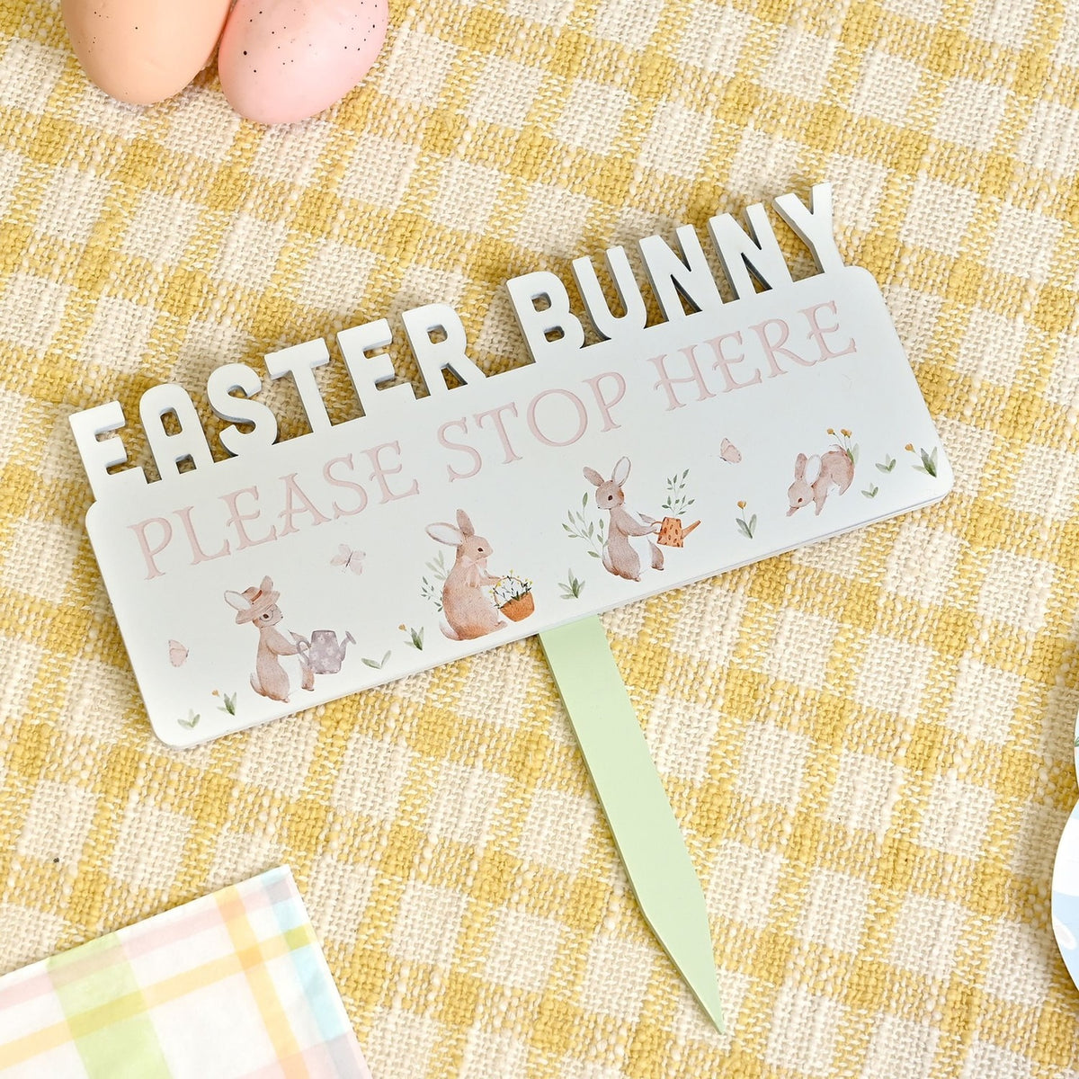 Easter Bunny Stop Here Wooden Plaque with Stake - White