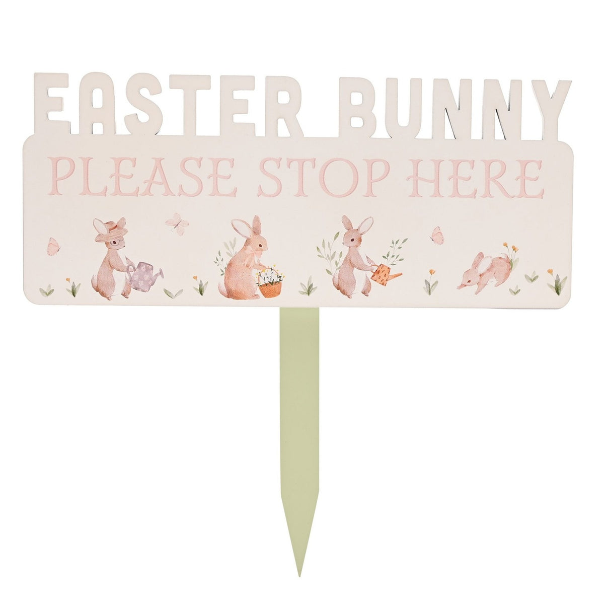 Easter Bunny Stop Here Wooden Plaque with Stake - White