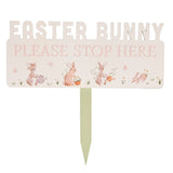 Easter Bunny Stop Here Wooden Plaque with Stake - White