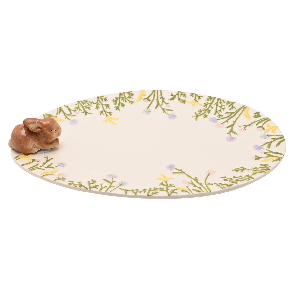 Floral Egg Ceramic Serving Plate with Bunny - White & Brown