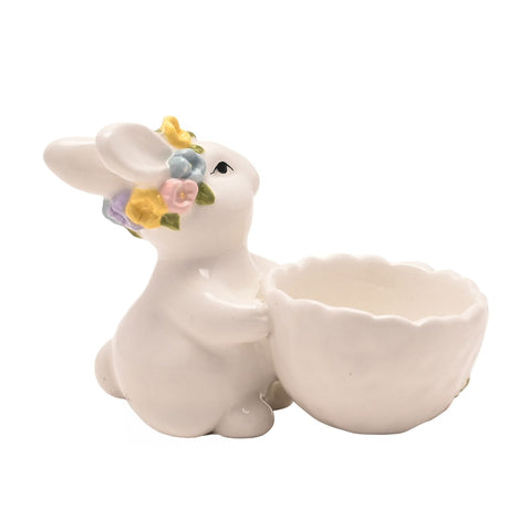 Sitting Bunny Ceramic Egg Cup with Flower Crown - White