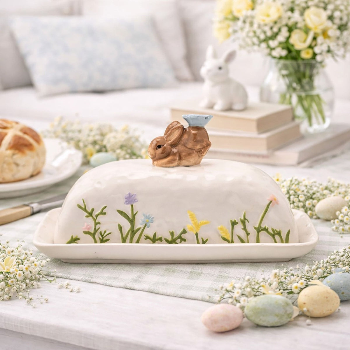 Bunny Wildflower Earthenware Butter Dish with Lid - White