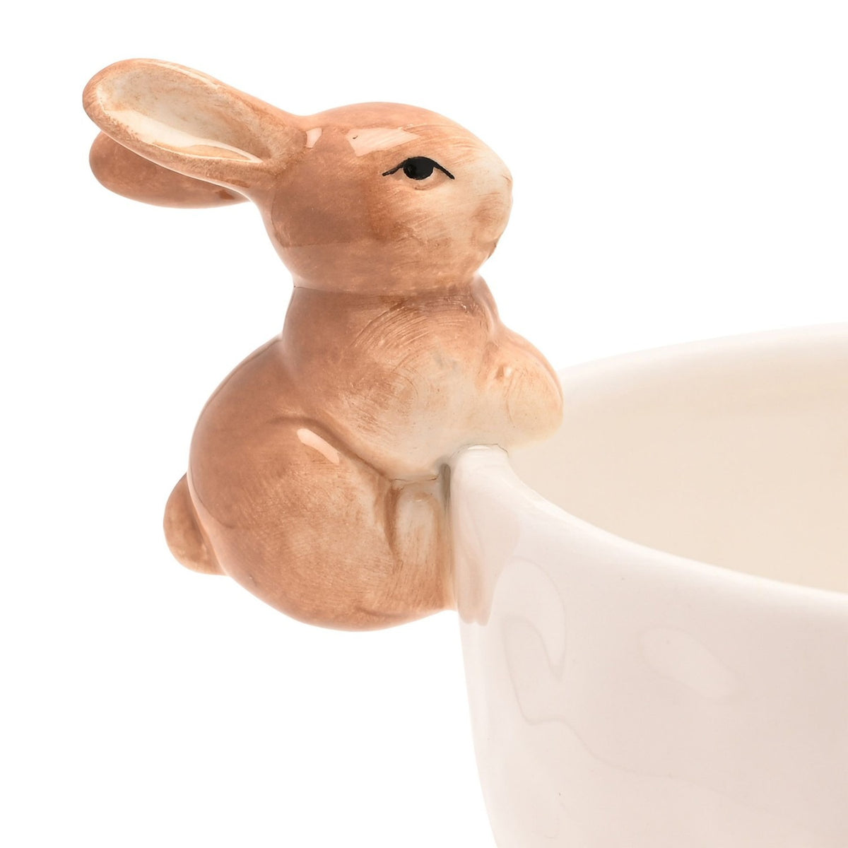 Round white ceramic bowl with a 3D sandy brown bunny perched on the rim, shown close-up with glossy finish against a plain white background.