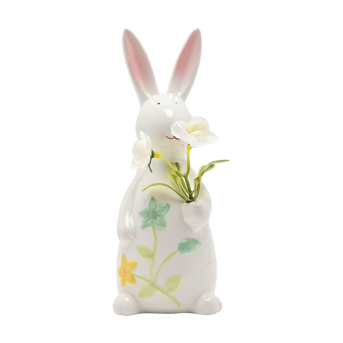 Bunny Holding Flowers Ceramic Easter Decoration 18cm - White