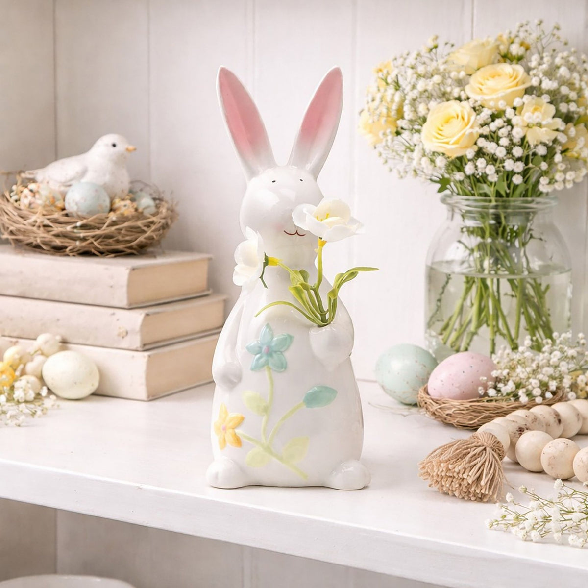 Bunny Holding Flowers Ceramic Easter Decoration 18cm - White