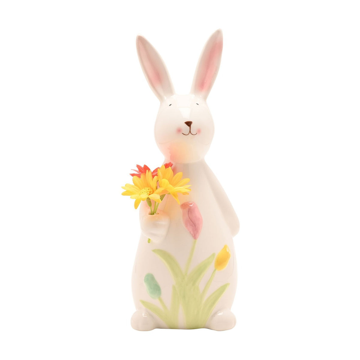 Easter Bunny Holding Flowers Ceramic Decoration 24cm - Cream