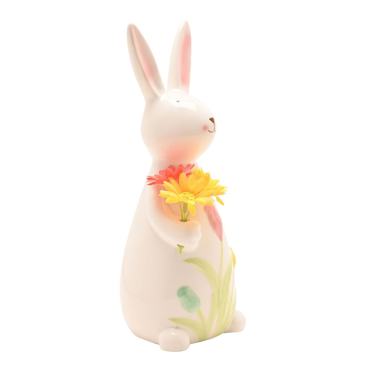 Easter Bunny Holding Flowers Ceramic Decoration 24cm - Cream
