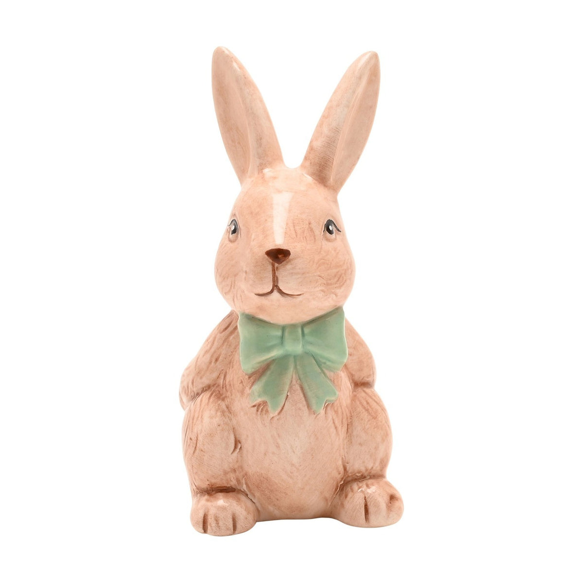Easter Bunny Ceramic Figurine with Green Bow 11cm - Brown