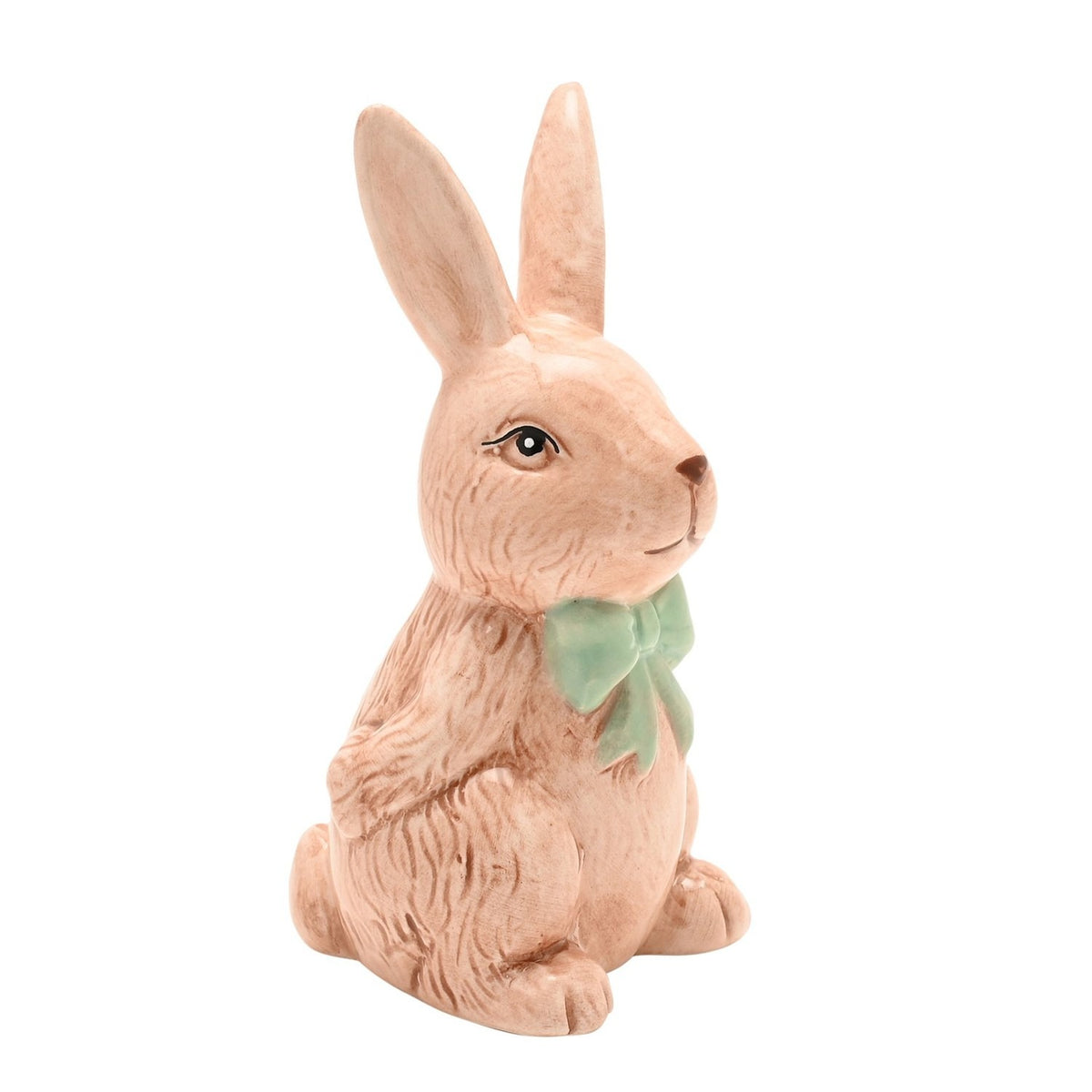 Easter Bunny Ceramic Figurine with Green Bow 11cm - Brown