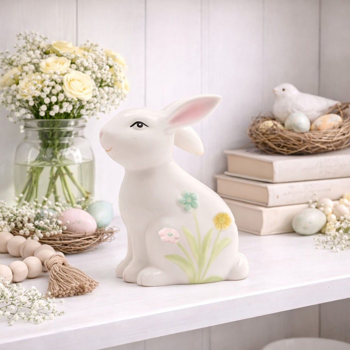 Ceramic Bunny Figurine with Floral Decor 12.5cm - White