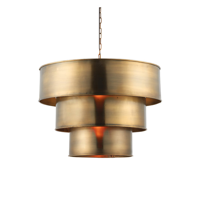 Endon Carlwick tiered pendant light in antique brass, three stacked cylindrical steel shades suspended from a metal chain on a white background.