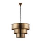 Endon Carlwick tiered pendant light in antique brass, featuring three stacked cylindrical steel shades suspended from a chain, on a white background.