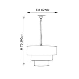 Dimension diagram of the Endon Carlwick Tiered Pendant showing 62cm diameter and adjustable 75-200cm height on a white background.