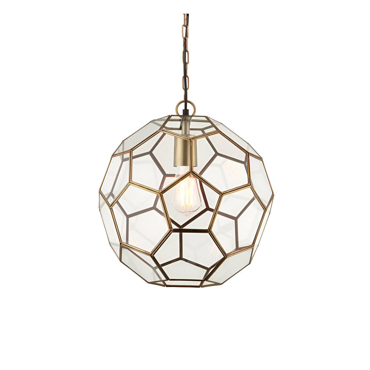Endon Carldon hexagonal glass pendant light in antique brass, spherical faceted shade with clear panels, exposed E27 bulb and decorative chain.