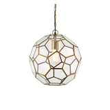 Endon Carldon hexagonal glass pendant light in antique brass, spherical faceted shade with clear panels, exposed E27 bulb and decorative chain.
