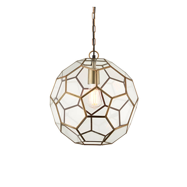 Endon Carldon hexagonal glass pendant light in antique brass, spherical faceted shade with clear panels, exposed E27 bulb and decorative chain.