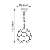 Endon Carldon hexagonal pendant line drawing showing 37cm diameter and 60-188cm adjustable drop with chain suspension and faceted spherical shade.
