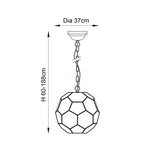 Dimension diagram of the Endon Carldon hexagonal pendant showing a 37cm diameter shade and adjustable 60-188cm drop on a chain suspension.
