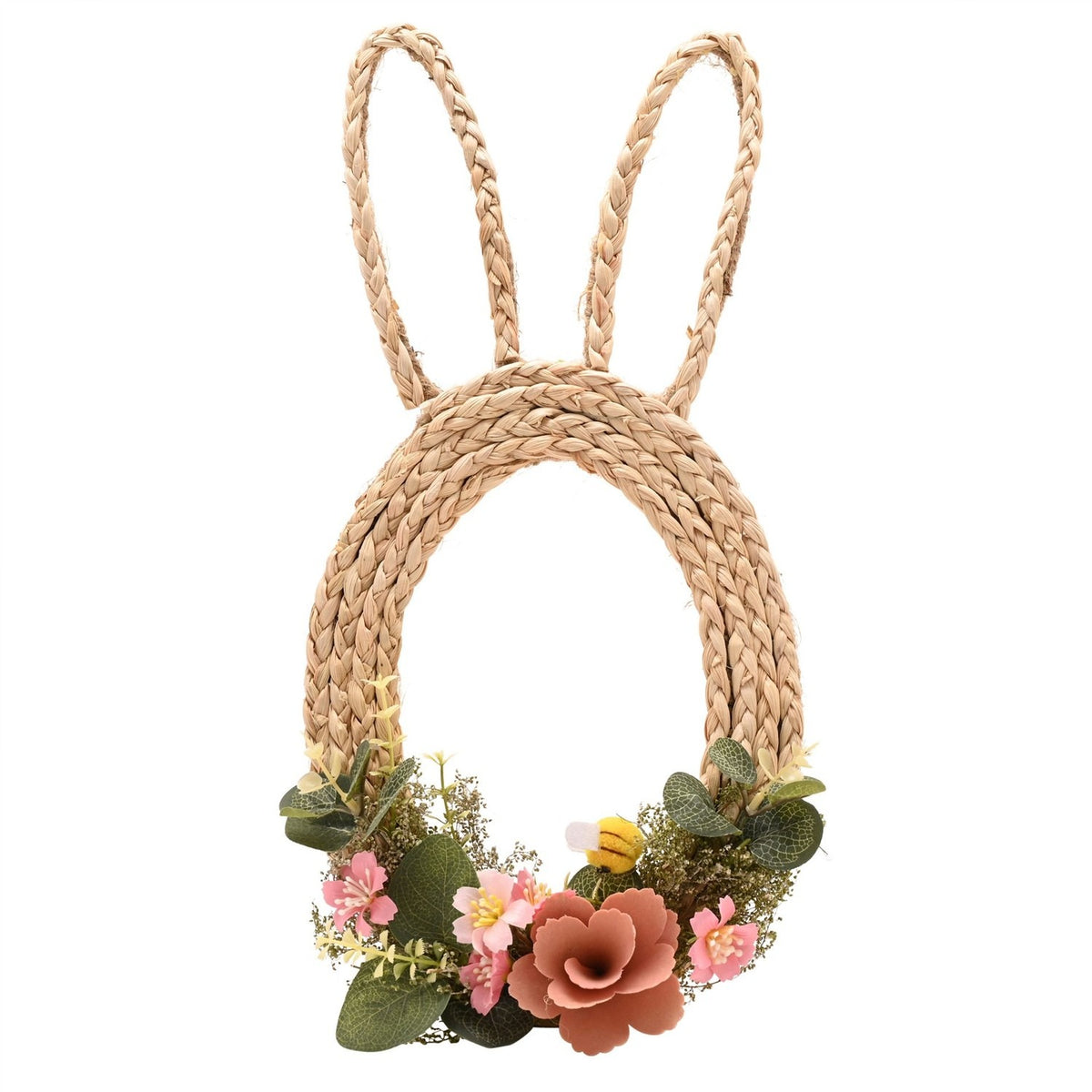 Bunny Ears Egg Wooden Easter Wreath with Flowers - Brown