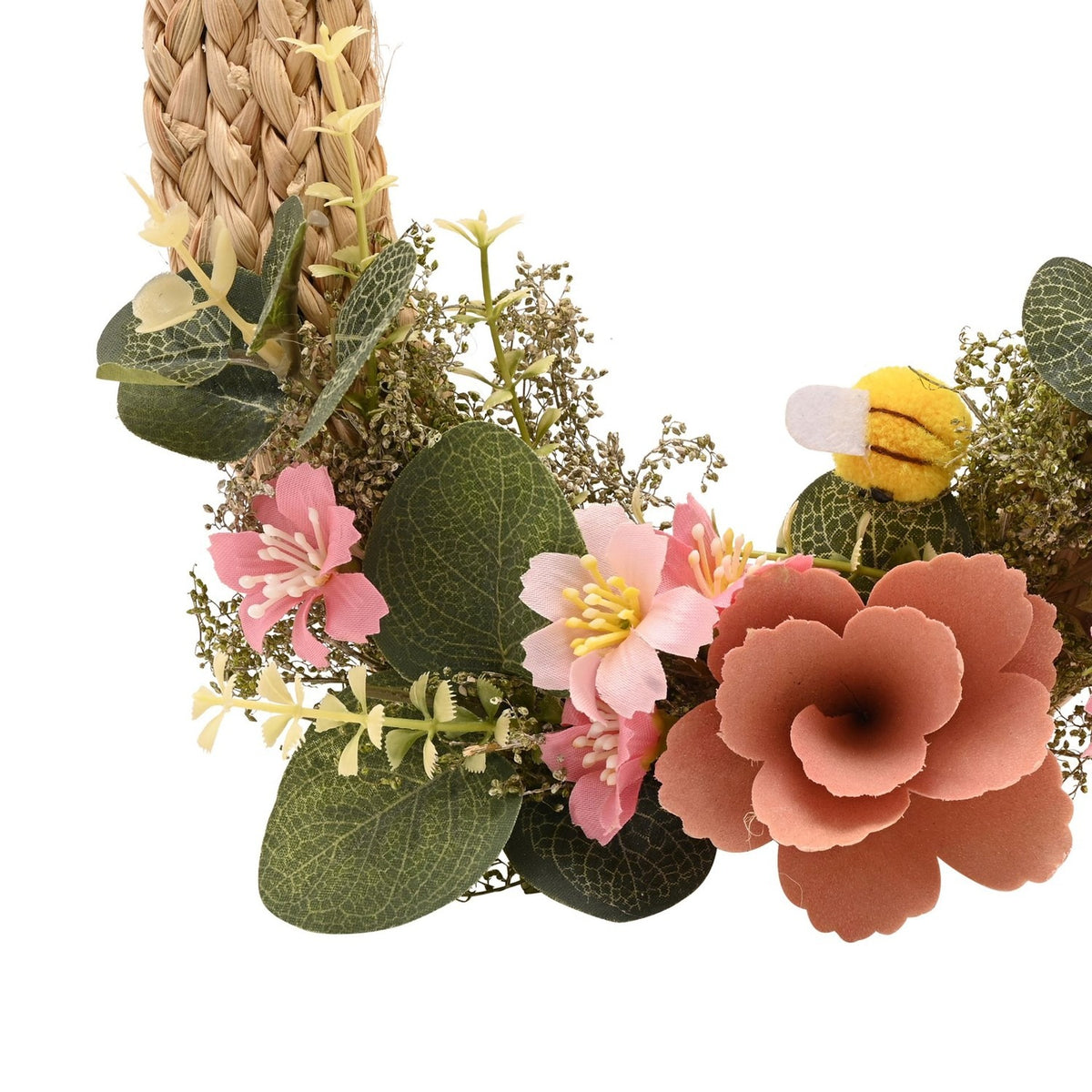 Bunny Ears Egg Wooden Easter Wreath with Flowers - Brown