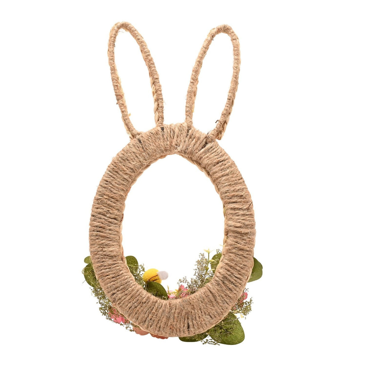 Bunny Ears Egg Wooden Easter Wreath with Flowers - Brown