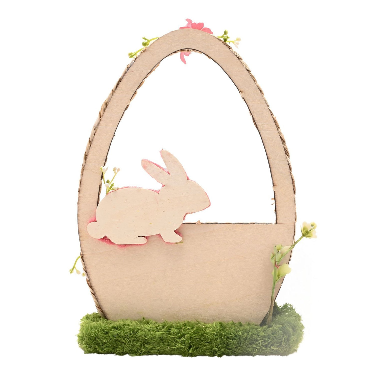Easter Bunny in Flower Basket Decoration 26.6cm - Natural & Green