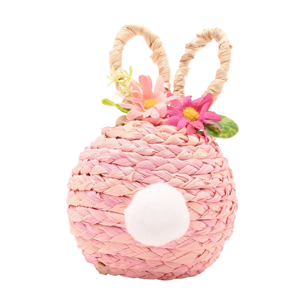 Faux Flower Easter Bunny Woven Plastic Decoration - Pink