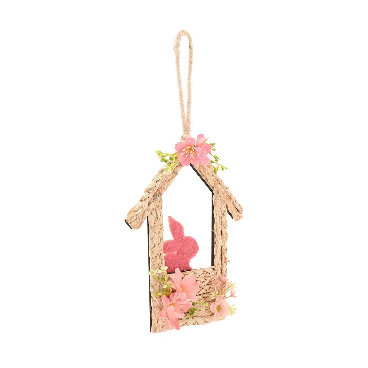 Faux Flower Easter Felt Bunny Hut Hanging Decoration - Brown