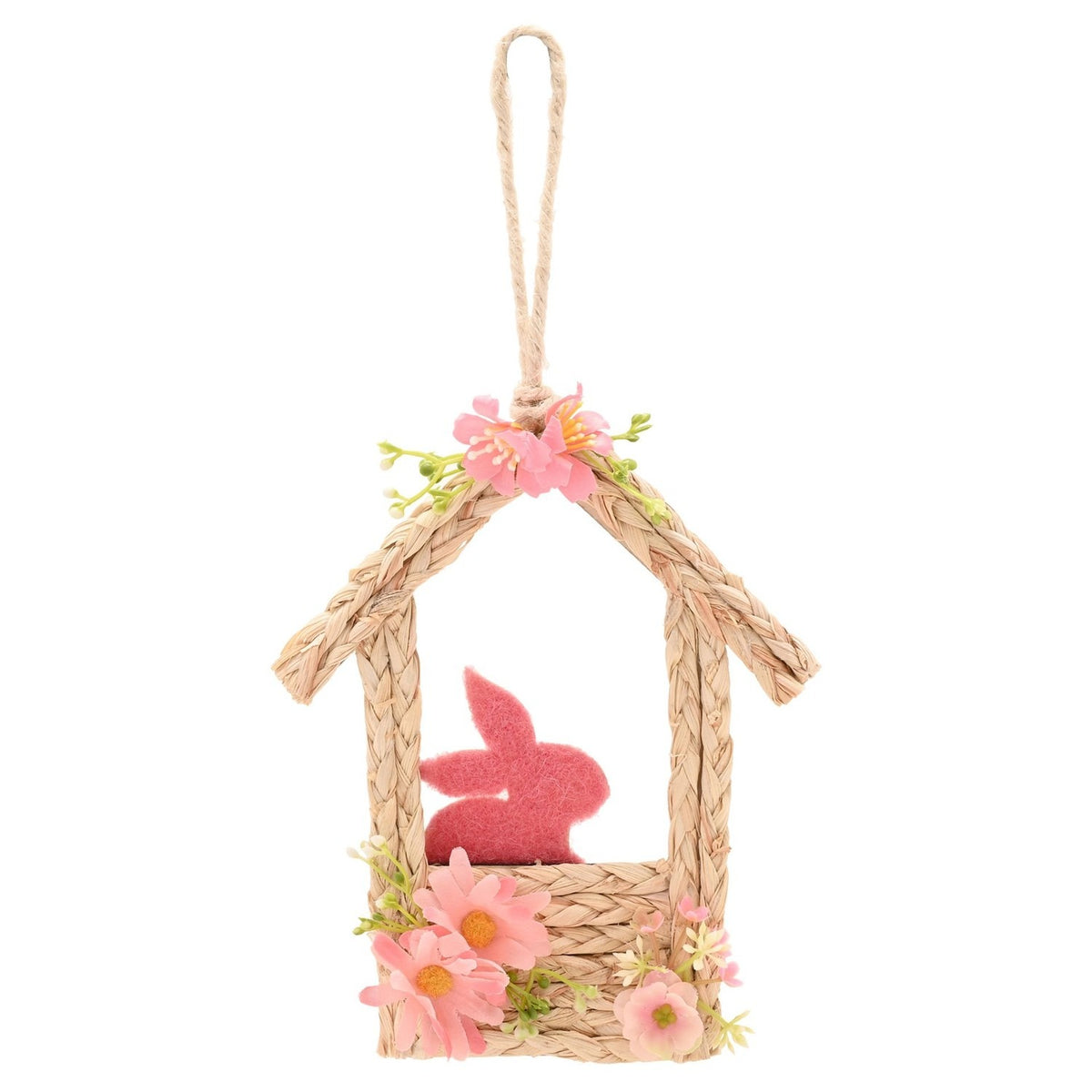 Faux Flower Easter Felt Bunny Hut Hanging Decoration - Brown