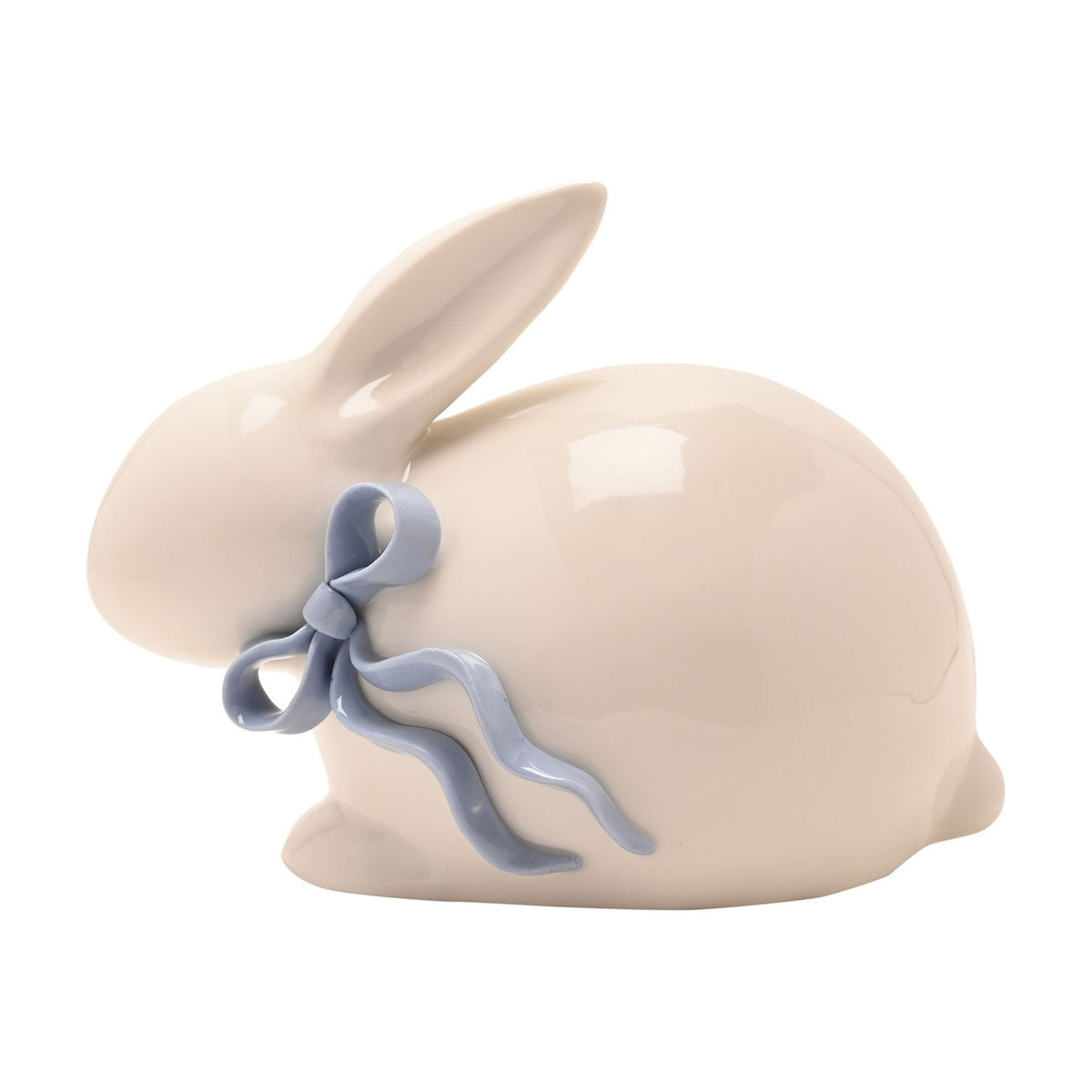 Easter Sitting Bunny Ceramic Figurine with Blue Bow - White