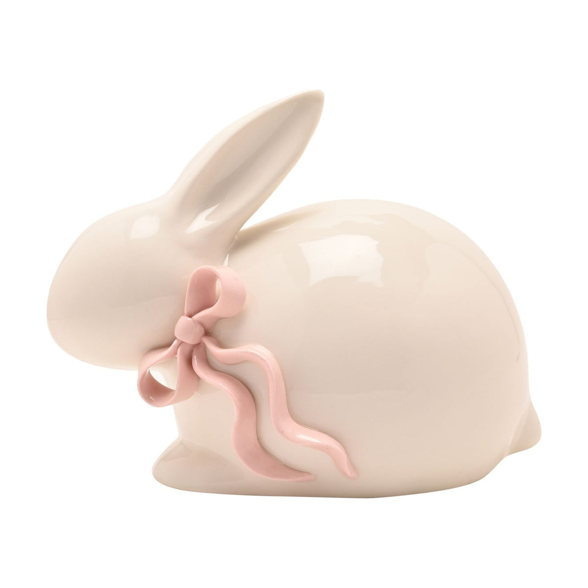 Crouching Bunny Stoneware Figurine with Bow - Cream & Pink