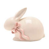 Crouching Bunny Stoneware Figurine with Bow - Cream & Pink