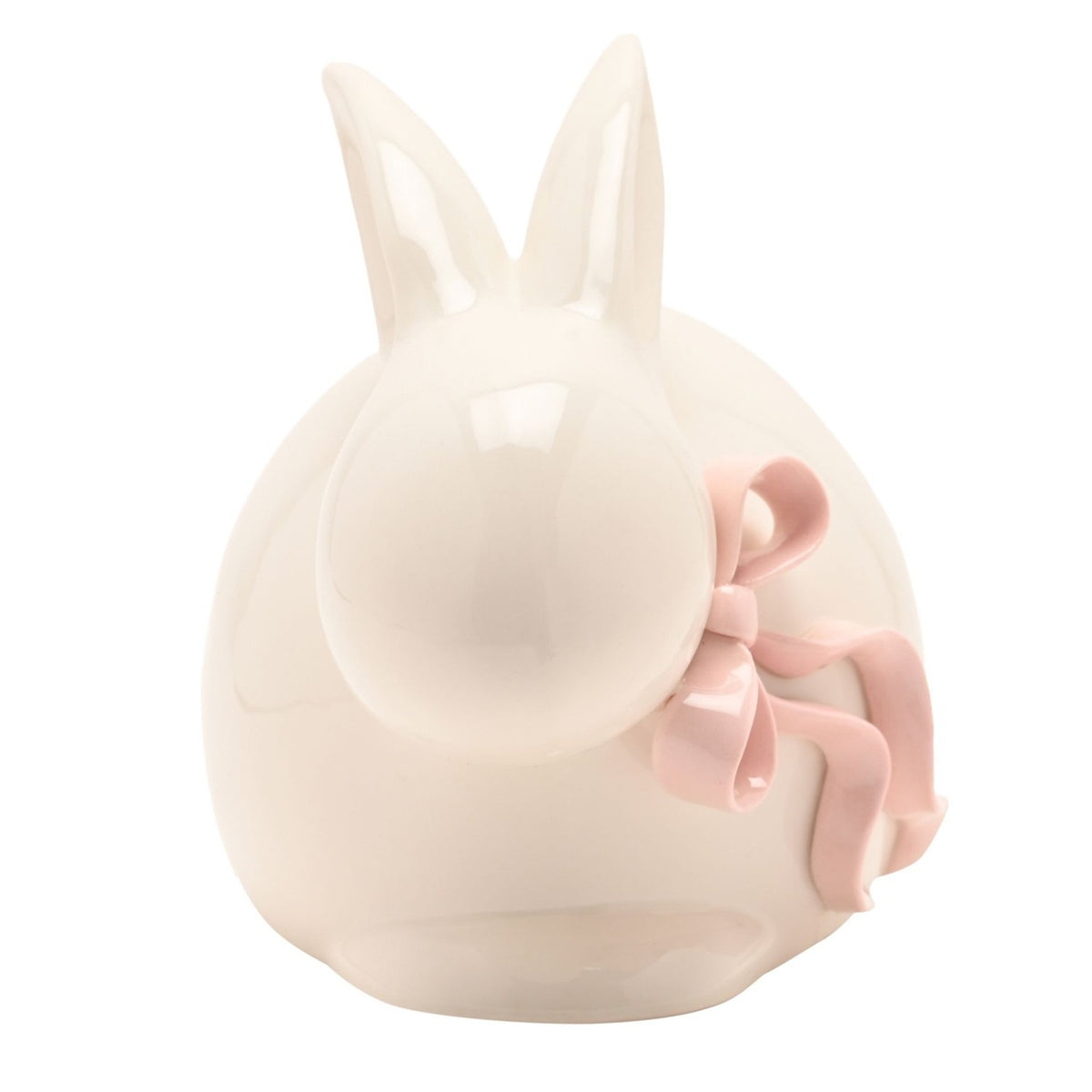 Crouching Bunny Stoneware Figurine with Bow - Cream & Pink