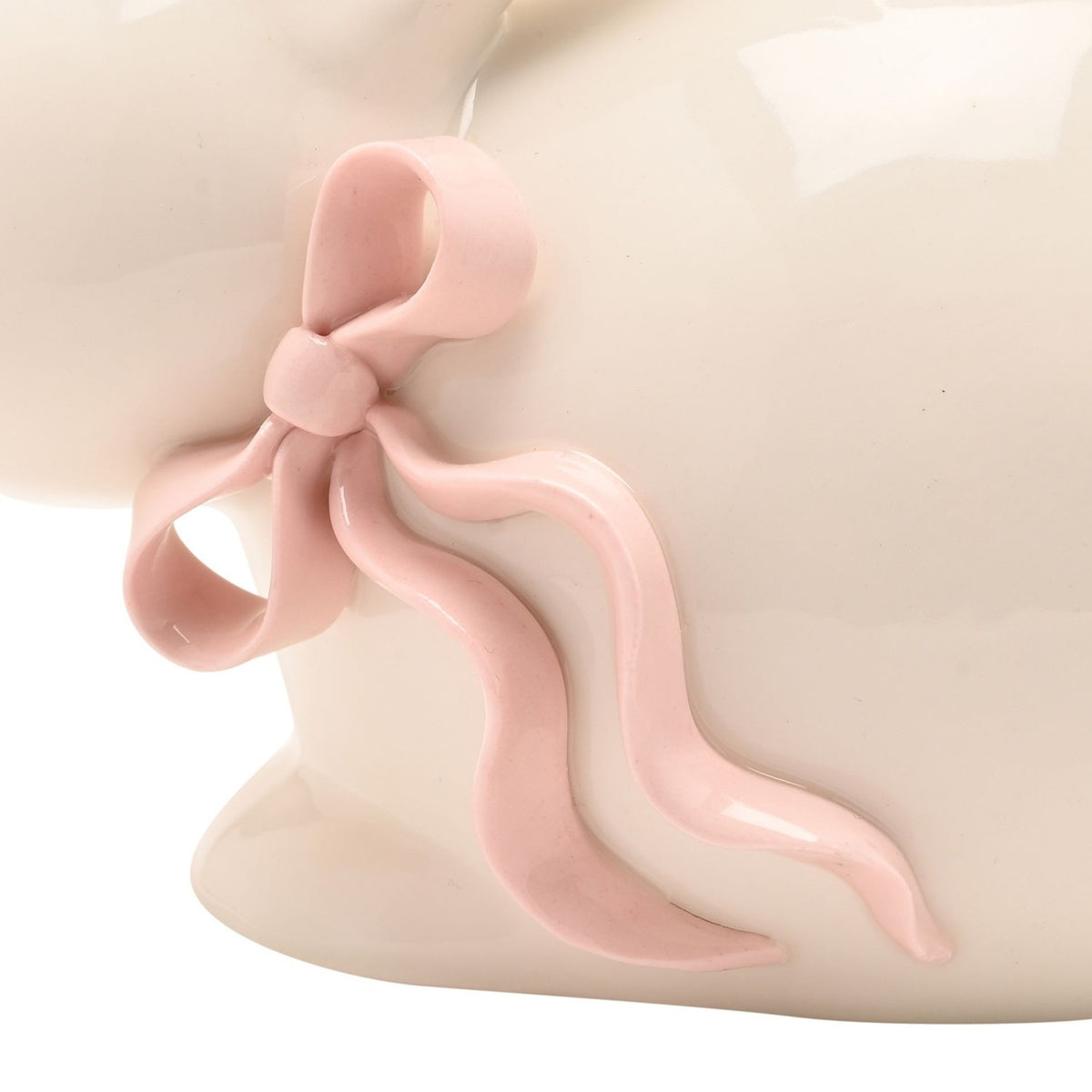 Crouching Bunny Stoneware Figurine with Bow - Cream & Pink