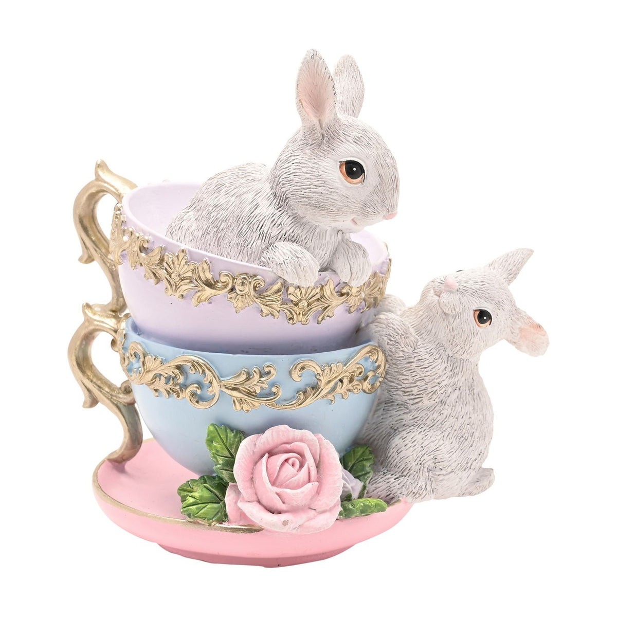 Easter Stacked Tea Cups & Rabbits Resin Figurine with Roses