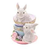 Easter Stacked Tea Cups & Rabbits Resin Figurine with Roses