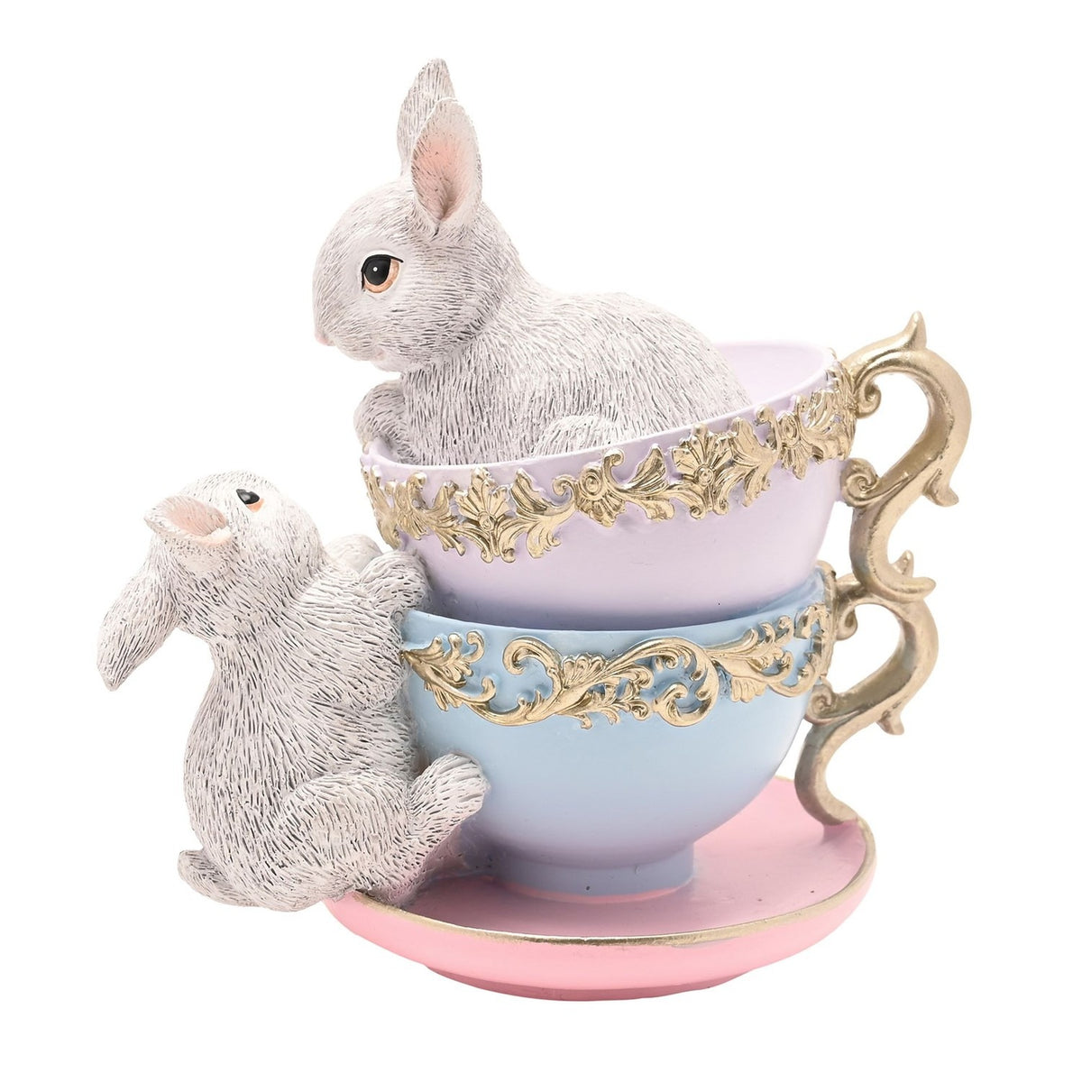Easter Stacked Tea Cups & Rabbits Resin Figurine with Roses