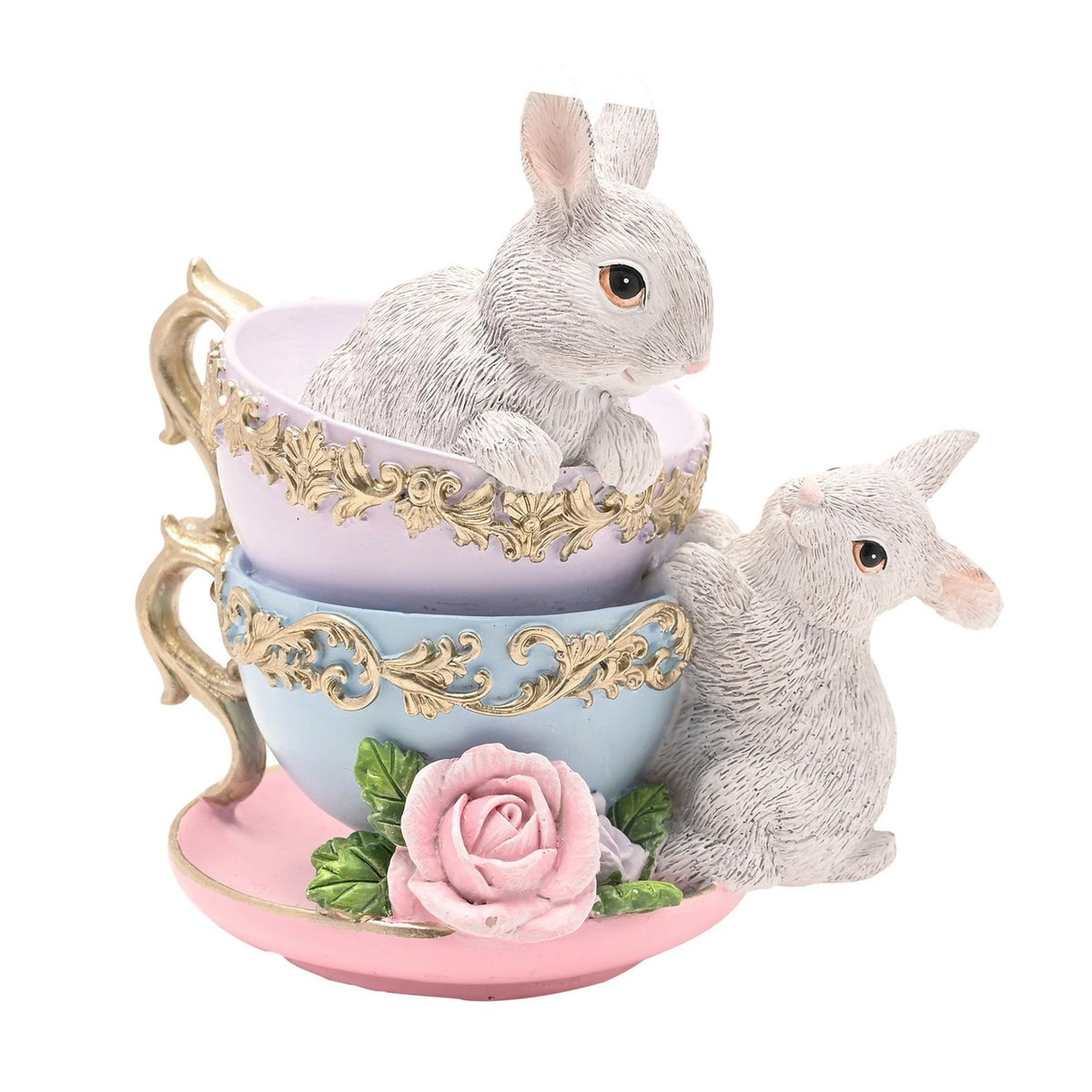 Easter Stacked Tea Cups & Rabbits Resin Figurine with Roses