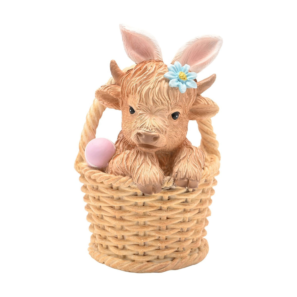 Easter Highland Cow in Basket Resin Figurine - Brown & Beige