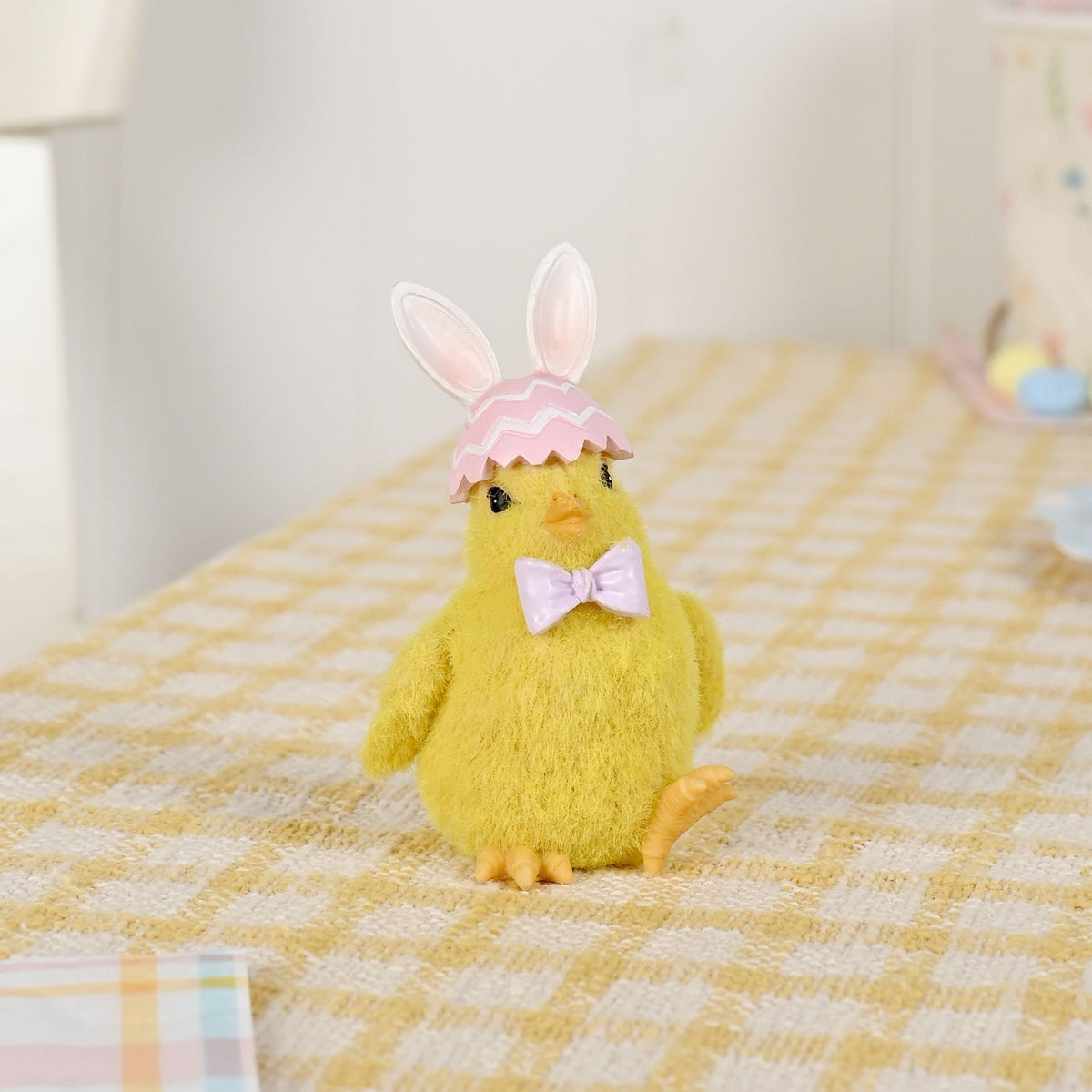 Easter Chick Resin Figurine with Bunny Ears and Bow - Yellow